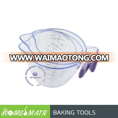 3 pcs transparent plastic measuring cup set with purple rubber soft handle 1 2 3 4 cup for baking measurement