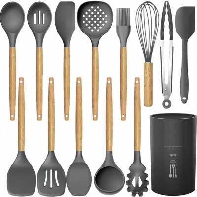 Silicone Cooking Utensils Kitchen Utensil Set Heat Resistant Turner Tongs Spatula Spoon Brush Whisk Wooden Handles