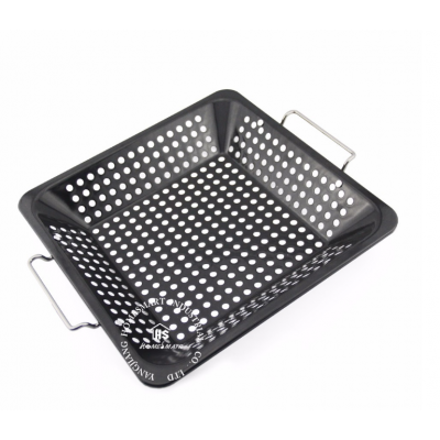 enamel ceramic porcelain coated heat resistance BBQ topper square barbeque wok basket grilling pan tray with holes roasting