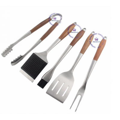 5 pcs rosewood handle BBQ tool set barbeque spatula turner grilling fork basting brush cleaning tong hollow stainless steel