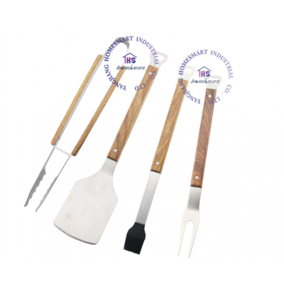 4 pieces BBQ tool set with wooden handle bottle opener heavy barbecue tool big grilling spatula turner grilling fork tong brush