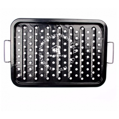 enamel porcelain coated heat resistance inclined cutting BBQ topper grilling tray barbecue pan with holes roasting handle