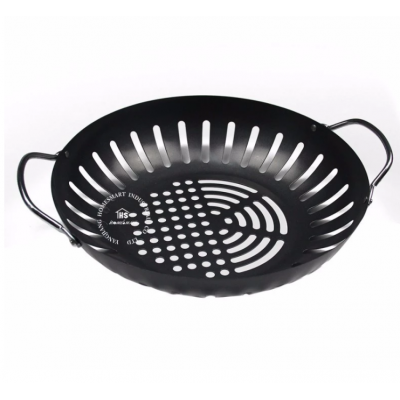 non stick coated BBQ topper round barbecue basket grilling frying wok with stainless handle for vegetable roasting dishwasher