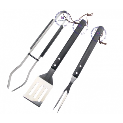 3 pieces big black wooden handle BBQ tool set barbecue spatula turner with opener grilling fork tong barbecue companion