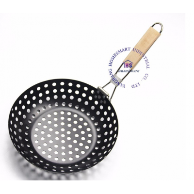 color non stick Skillet Basket grilling pan BBQ topper frying roasting wok pot foldable collapsible wooden handle