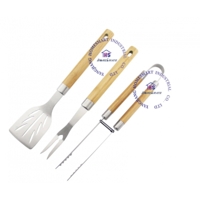 3 pcs wooden bamboo handle with pattern printed BBQ tool set barbeque spatula turner grilling fork tong stainless steel