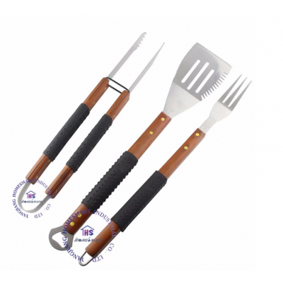 3 pcs wooden soft grip TPR handle BBQ tool set barbecue spatula turner grilling fork tong stainless steel barbecue COMPANION